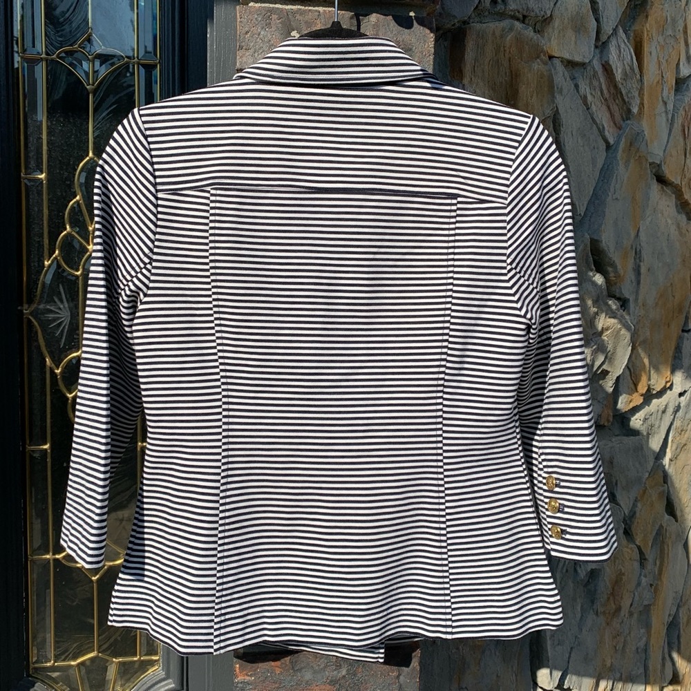 Like New Cabi Nautical White & Navy/Black Striped Ponte Knit Jacket Blazer - Picture 2 of 7